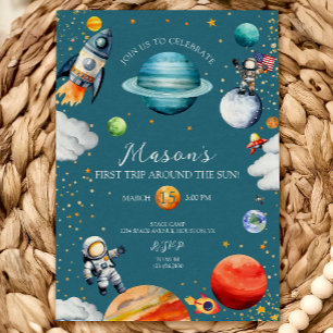 Invitación Cohete Espacial Azul y Astronauta 1er Viaje Alrede