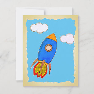 Invitación Cohete Espacial de Dibujos Animados en Cielo Azul 