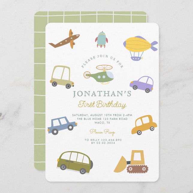 Invitación Cohete Pastel Car Truck Plane Rocket First Birday (Subido por el creador)