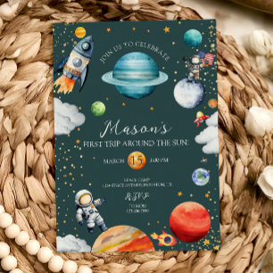 Invitación Cohete y astronauta primer viaje alrededor del sol