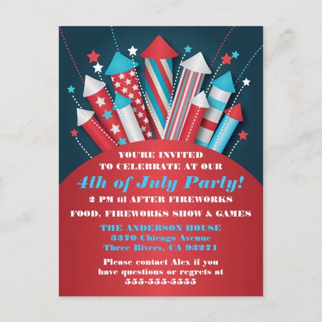 Invitación Cohetes de fuegos artificiales 4 de julio postal (Anverso)