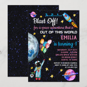 Invitación Cohetes de globos arco iris de astronauta rosa del