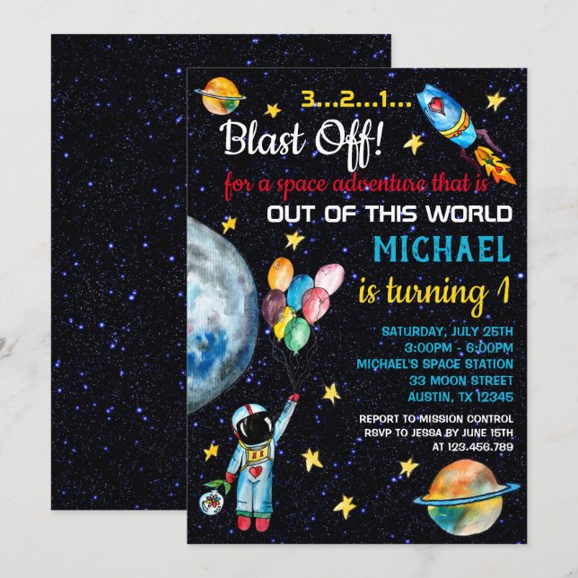 Invitación Cohetes de globos arcoiris de astronauta del espac (Anverso / Reverso)