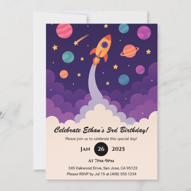 Invitación Cohetes personalizados y coloridas galaxias cumple (Anverso)