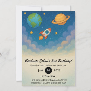 Invitación Cohetes y planetas en el colorido cumpleaños espac