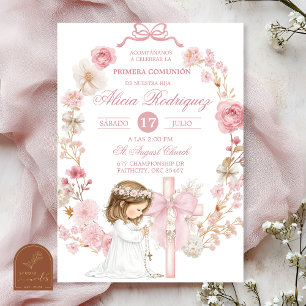 Invitación Cojinete de lazo blanco y rosa Primera Comunión I