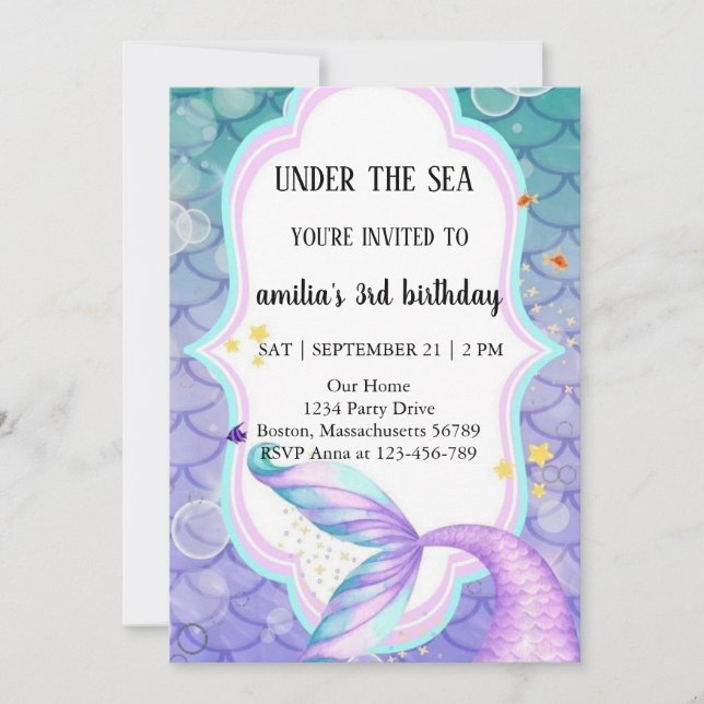 Invitación cola de mermaid púrpura y azul cumpleaños (Anverso)