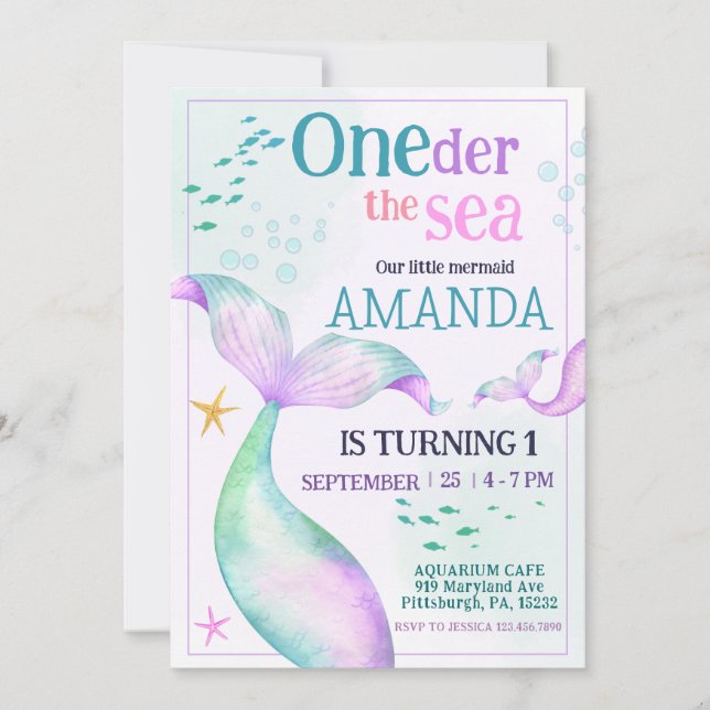 Invitación Cola de sirena Acuarela Cumpleaños Bajo el Mar (Anverso)