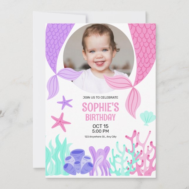 Invitación Cola de Sirena Adorable, Cumpleaños de Sirena con  (Anverso)