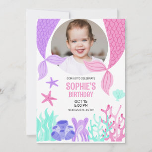 Invitación Cola de Sirena Adorable, Cumpleaños de Sirena con 