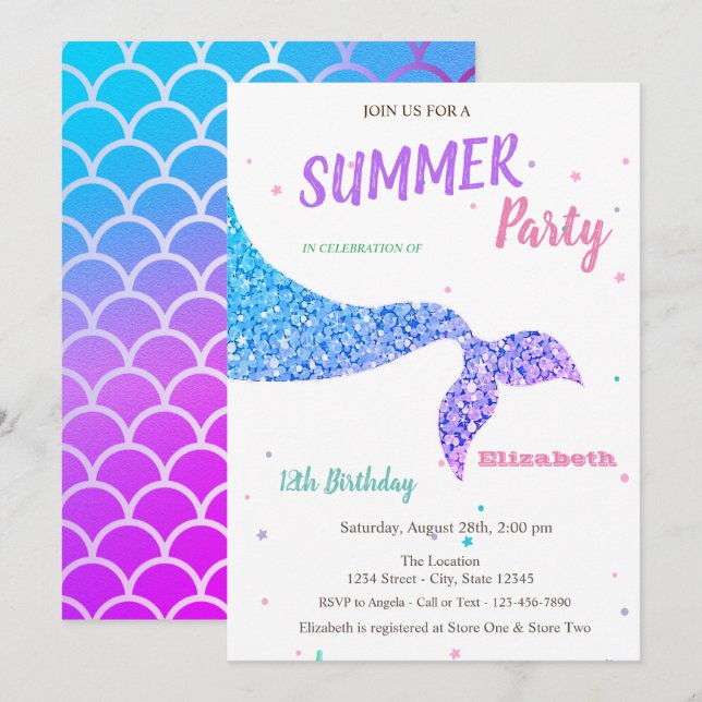 Invitación Cola de Sirena Adorable, Escamas Cumpleaños (Anverso / Reverso)