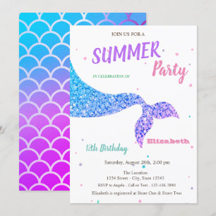 Invitación Cola de Sirena Adorable, Escamas Cumpleaños