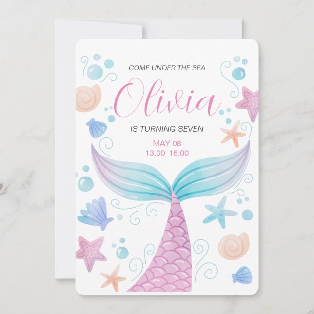 Invitación Cola de Sirena Bajo el Mar Cumpleaños Rosa  (Anverso)