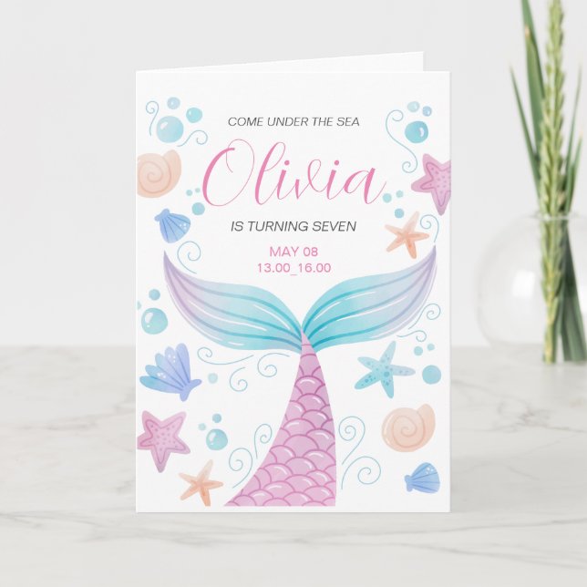 Invitación Cola de Sirena Bajo el Mar Cumpleaños Rosa (Anverso)