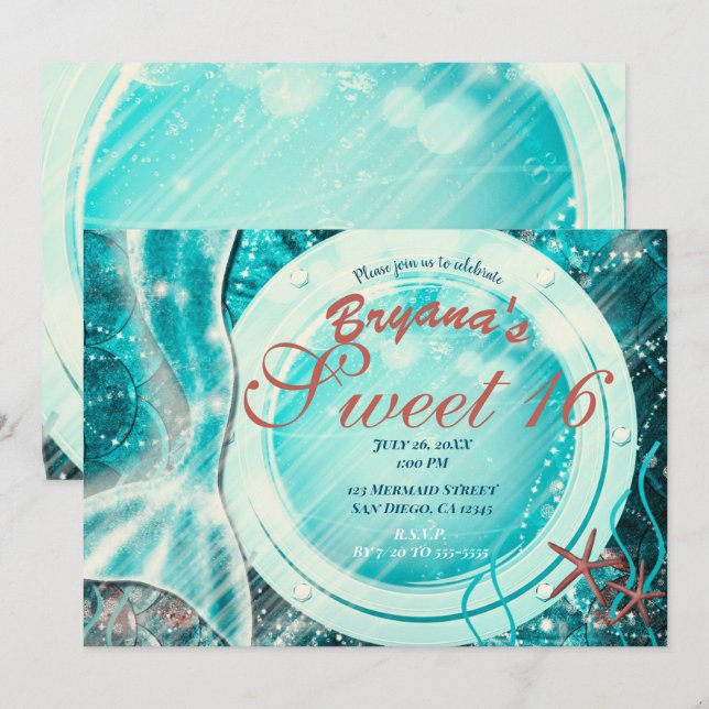 Invitación Cola de Sirena Bajo el Mar Dulces 16 Cumpleaños Az (Anverso / Reverso)