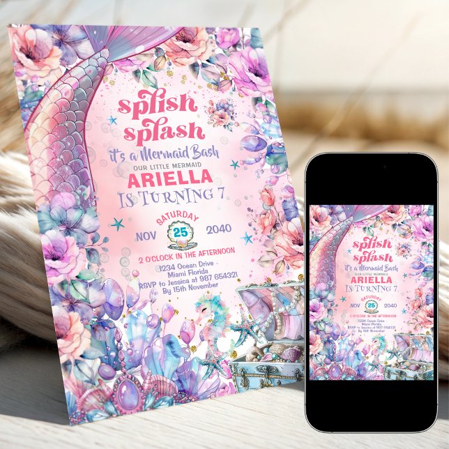 Invitación Cola de sirena brillo de flores cumpleaños 7  (Subido por el creador)