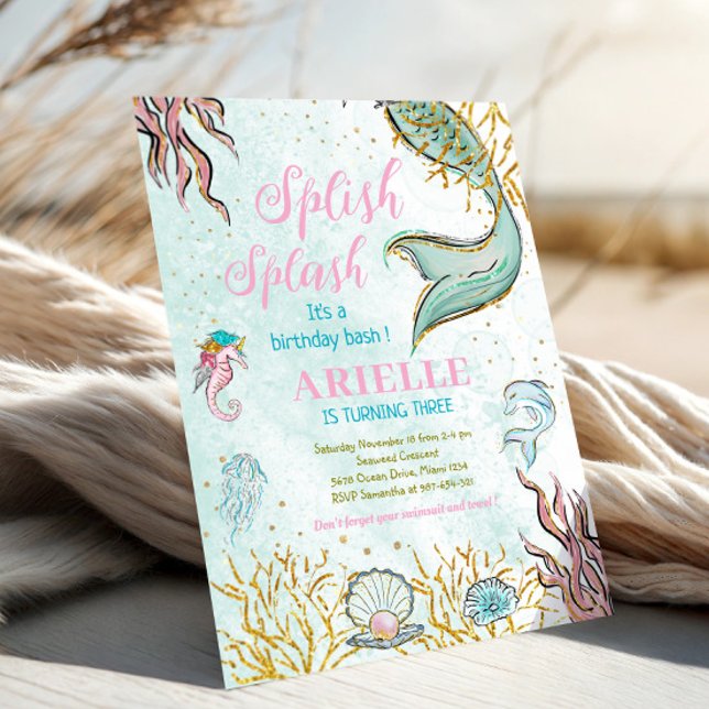 Invitación Cola de sirena brillo menta bajo el mar  (Subido por el creador)