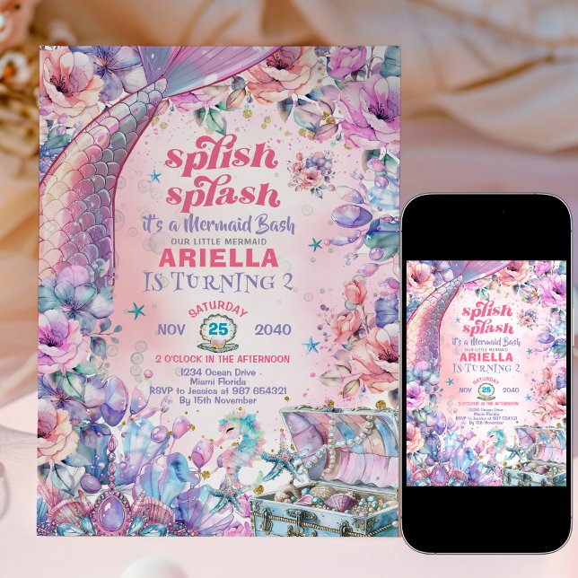 Invitación Cola de sirena con brillo de flores Cumpleaños 2  (Subido por el creador)