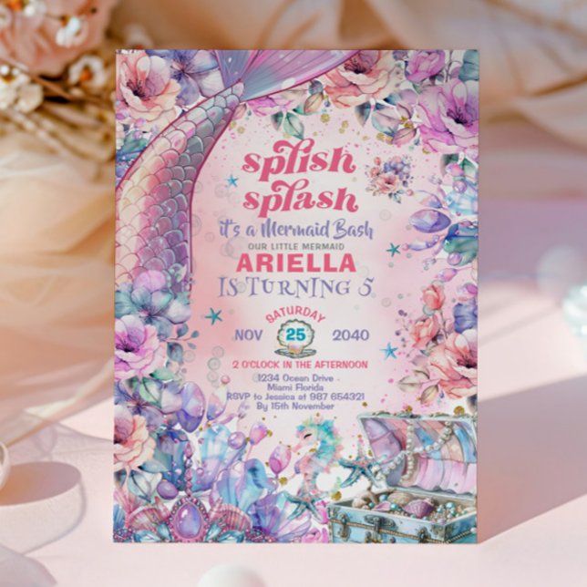 Invitación Cola de sirena con brillo de flores cumpleaños 5  (Subido por el creador)