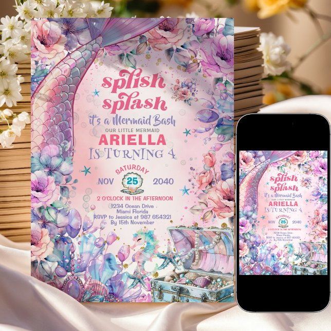 Invitación Cola de sirena con purpurina de flores Cumpleaños  (Subido por el creador)