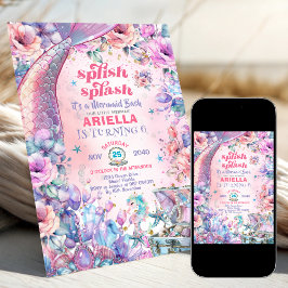 Invitación Cola de sirena con purpurina de flores cumpleaños 