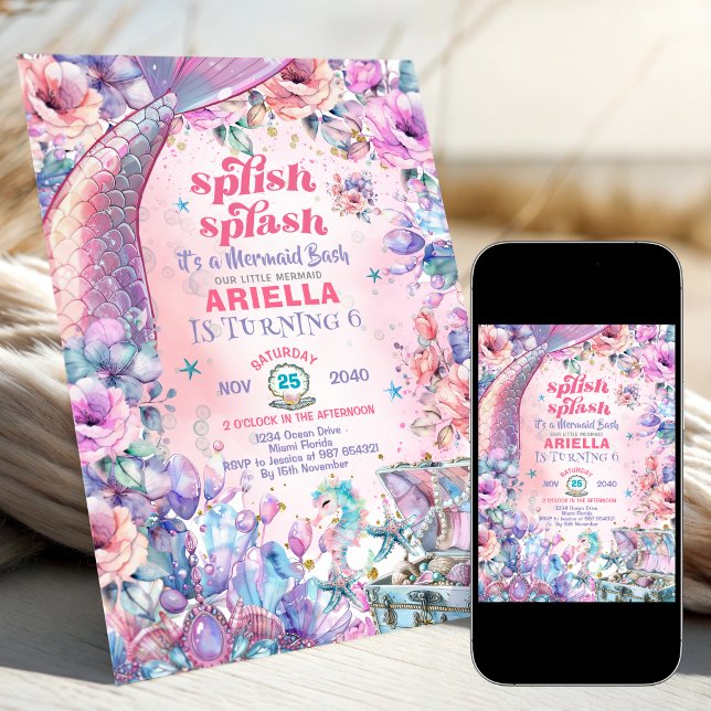 Invitación Cola de sirena con purpurina de flores cumpleaños  (Subido por el creador)