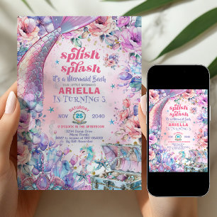 Invitación Cola de sirena con purpurina de flores Cumpleaños 