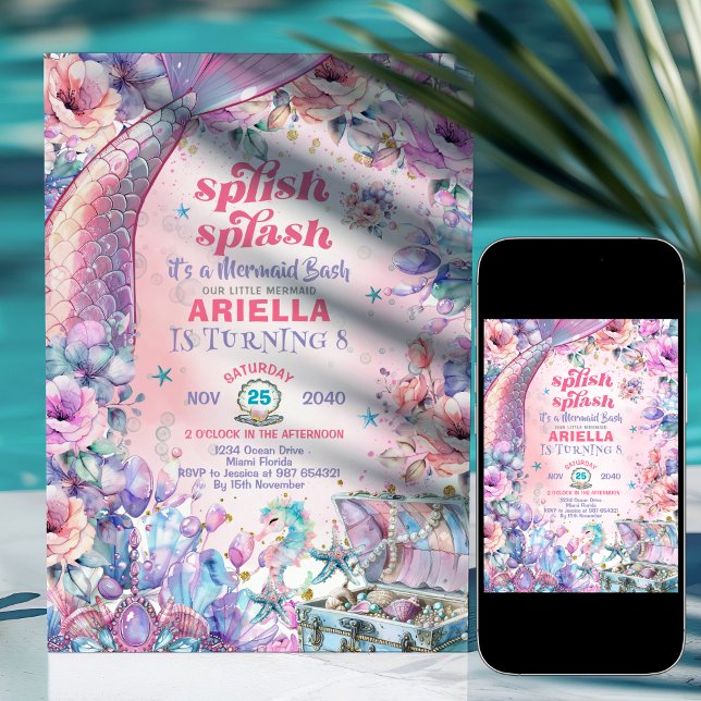 Invitación Cola de sirena con purpurina de flores Cumpleaños  (Subido por el creador)