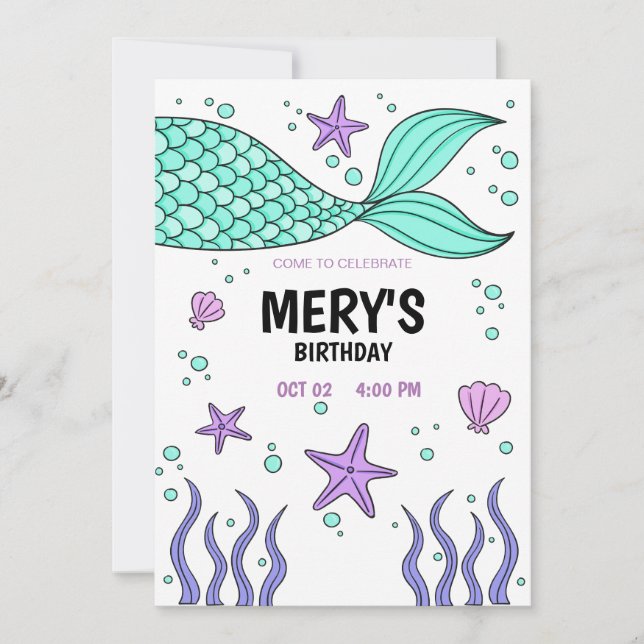 Invitación Cola de Sirena, Cumpleaños bajo el mar (Anverso)