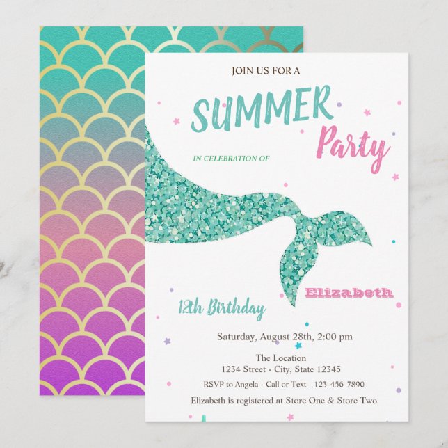 Invitación Cola de sirena, escamas  (Anverso / Reverso)