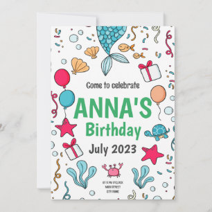 Invitación Cola de sirena linda, Cumpleaños bajo el mar