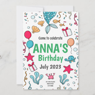 Invitación Cola de sirena linda, Cumpleaños bajo el mar