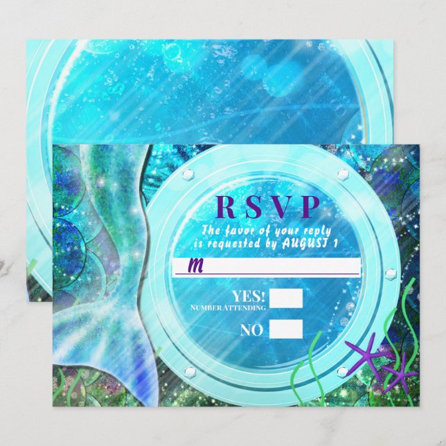 Invitación Cola de Sirena Magia Bajo el Mar Dulce 16 RSVP  (Anverso / Reverso)