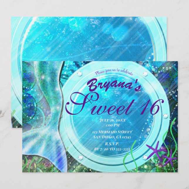 Invitación Cola de Sirena Magia Bajo el Mar Dulces 16 Cumplea (Anverso / Reverso)
