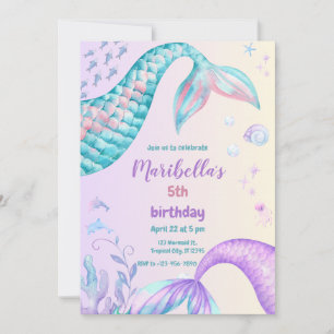 Invitación Cola de Sirena Mágica Bajo el Mar Fiesta de Cumple