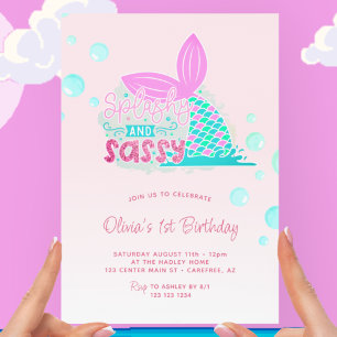 Invitación Cola de Sirena Rosa Arcoíris 1er Cumpleaños