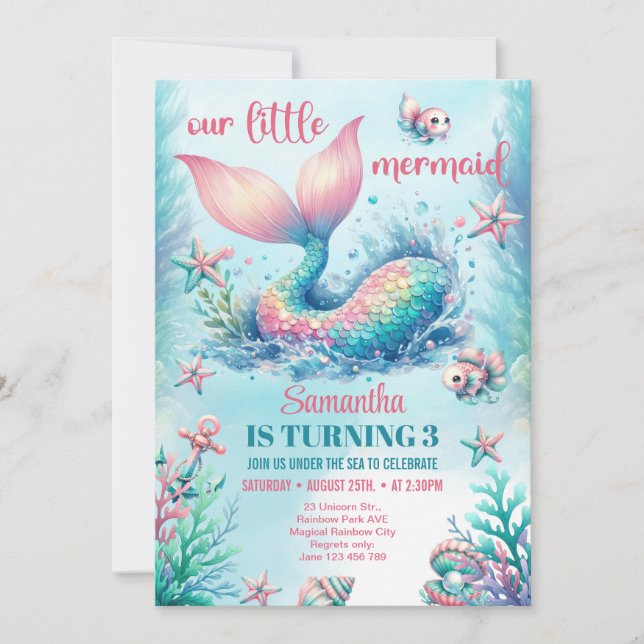 Invitación cola de sirena turquesa acuática de moda (Anverso)