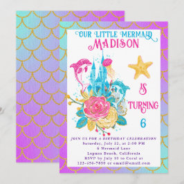 Invitación Cola de Sirenita Morado Turquesa Dorado Cumpleaños