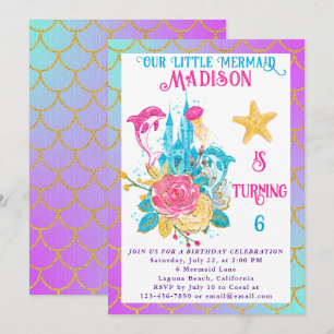 Invitación Cola de Sirenita Morado Turquesa Dorado Cumpleaños