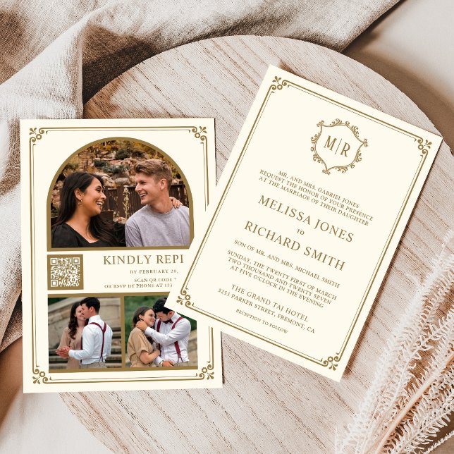 Invitación Colage de fotos con código QR monograma crema dora (Subido por el creador)