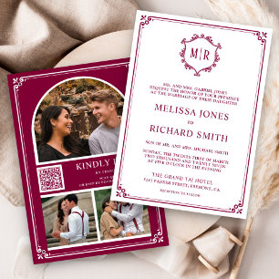 Invitación Colage de fotos con código QR monograma Magenta Bo