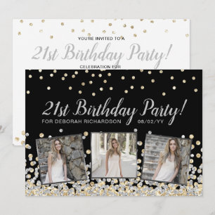 Invitación Colage de fotos con confeti de oro y plata Cumplea