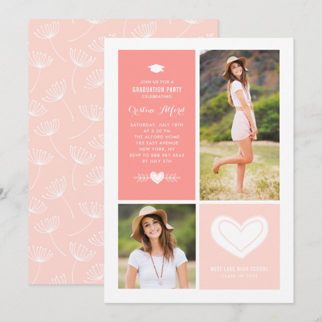 Invitación Colage de fotos de corazones de melocotón para gra (Anverso / Reverso)