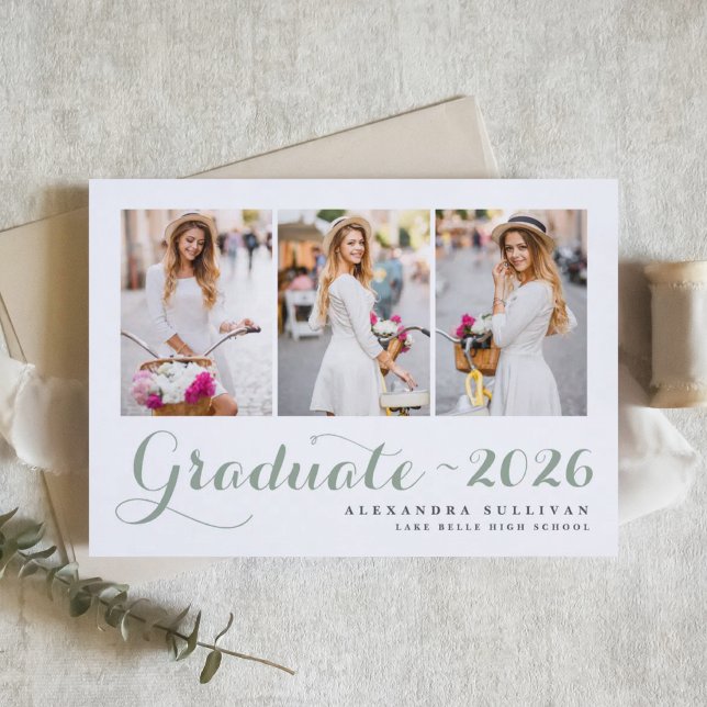 Invitación Colage de fotos de graduación de la clase de 2025  (Customizable sage green photo graduation announcement featuring modern calligraphy. )