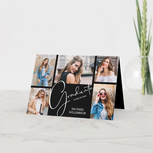 Invitación Colage de graduación de 5 fotos negro doblado (Anverso)