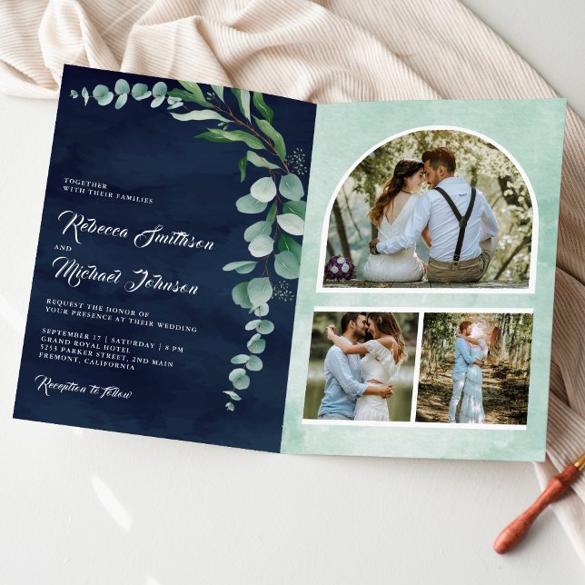 Invitación Colaje de fotos de eucalipto Código QR Boda Azul M (Subido por el creador)