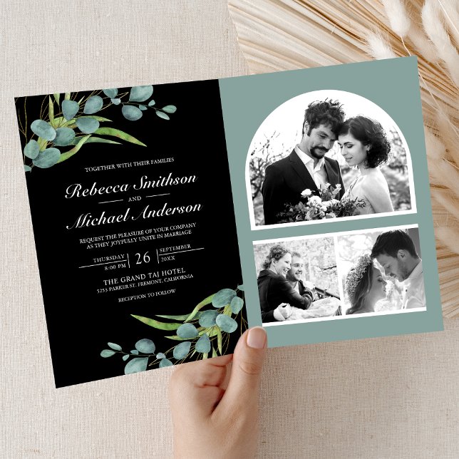 Invitación Colaje de fotos de eucalipto Código QR Boda Negra (Subido por el creador)