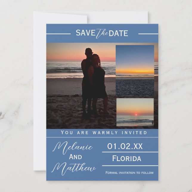 Invitación Colaje de Fotos de Playa para Guardar la Fecha (Anverso)