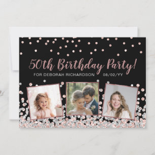 Invitación Colaje de Fotos de Rosa, Plata Cumpleaños 50