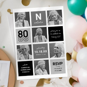Invitación Colaje de fotos en blanco y negro cumpleaños 80